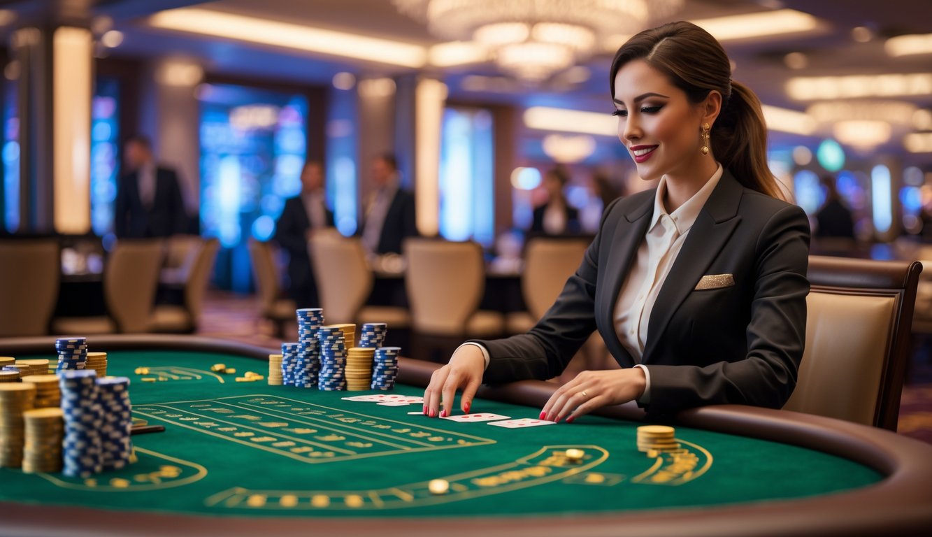 Seorang dealer wanita sedang membagikan kartu di meja baccarat di dalam kasino mewah.