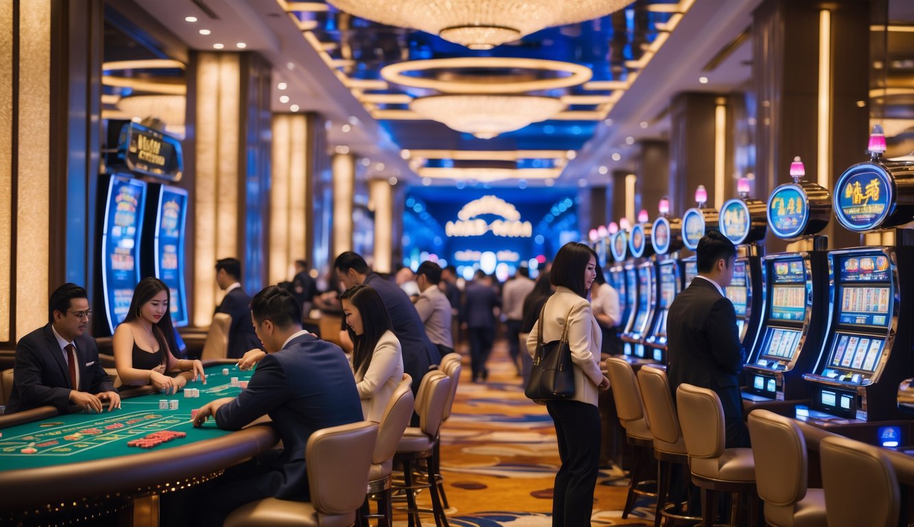 Suasana dalam kasino mewah di Macau dengan orang-orang bermain di meja judi dan mesin slot.