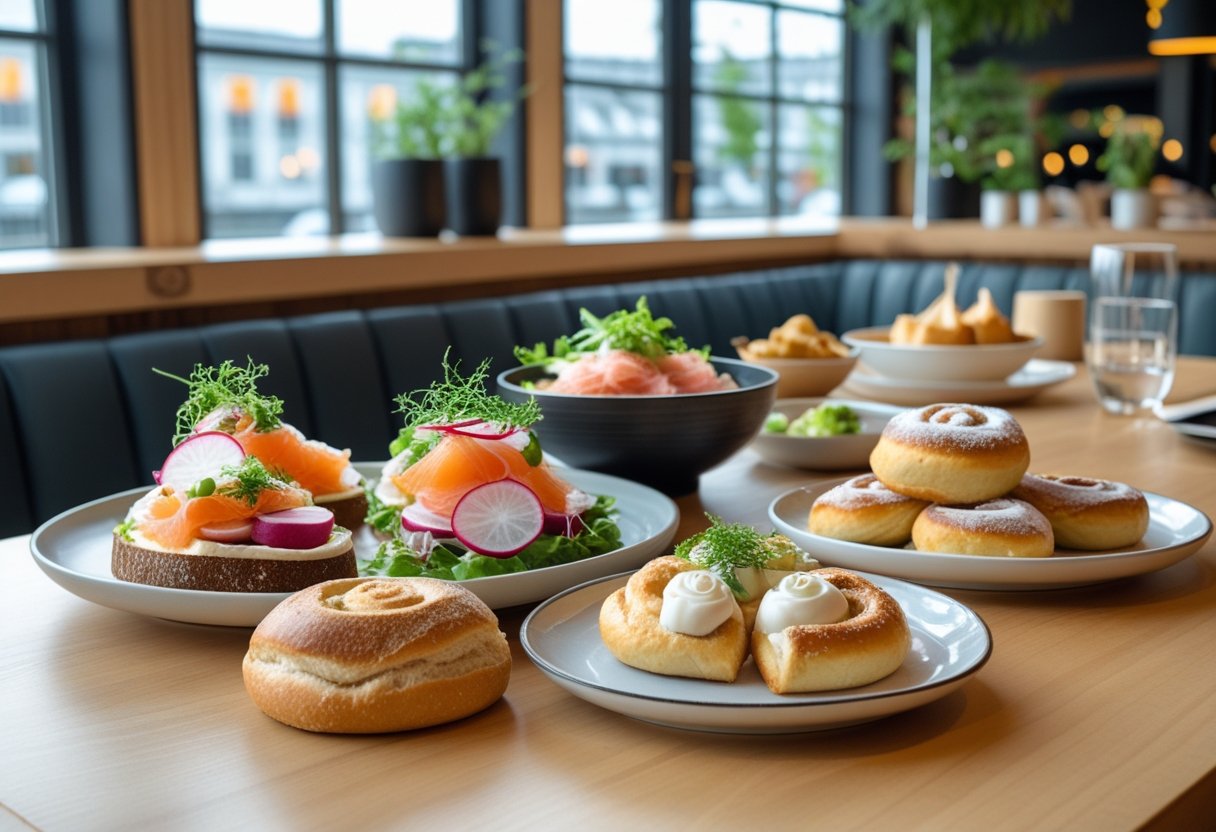 A table set with various traditional Danish dishes including open-faced sandwiches, rye bread, and pastries in a modern Scandinavian restaurant with natural light and minimalist decor.