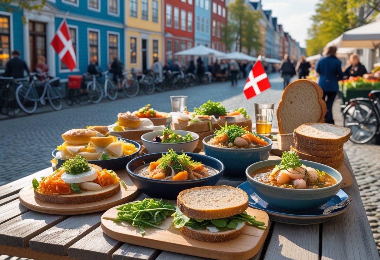 An outdoor dining table in a cobblestone street in Copenhagen with traditional Danish dishes and people enjoying food near colorful historic buildings.