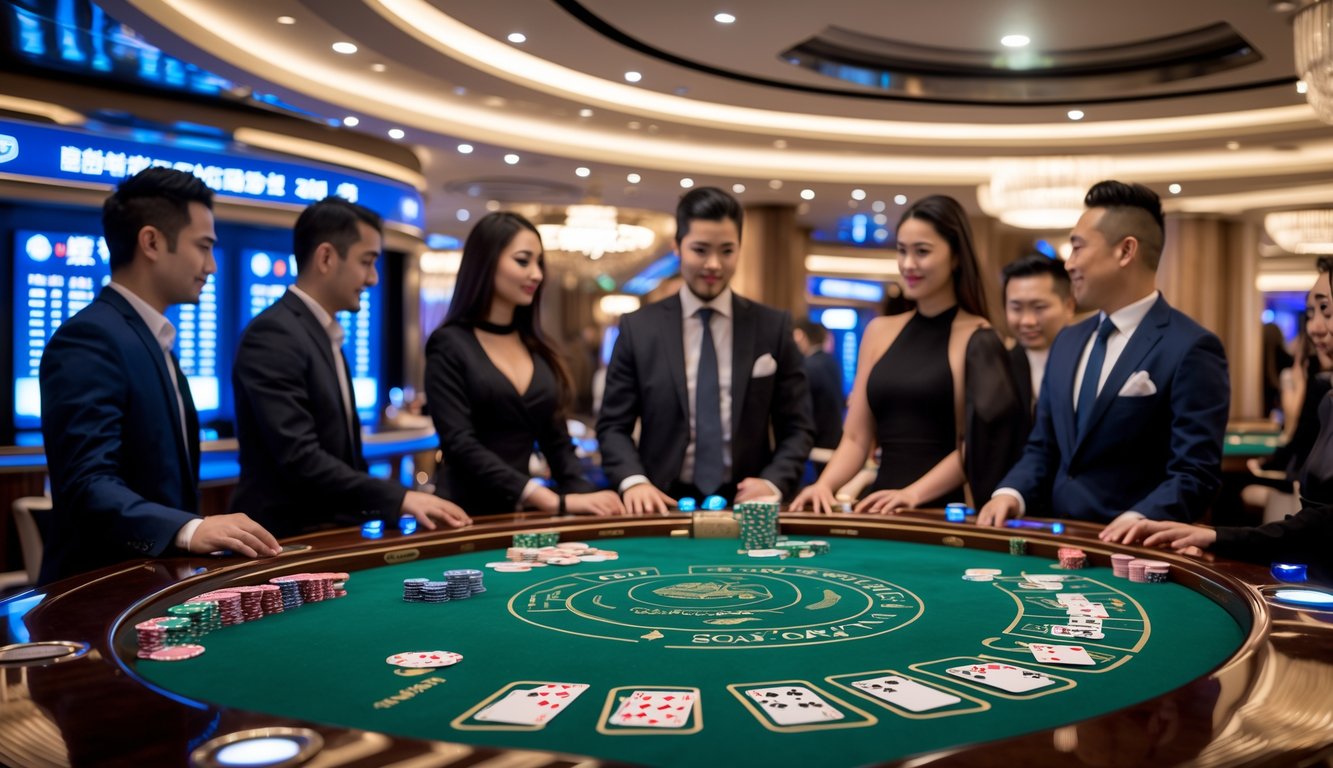 Meja baccarat mewah dengan pemain berpakaian rapi sedang bermain di kasino modern yang terang dan elegan.