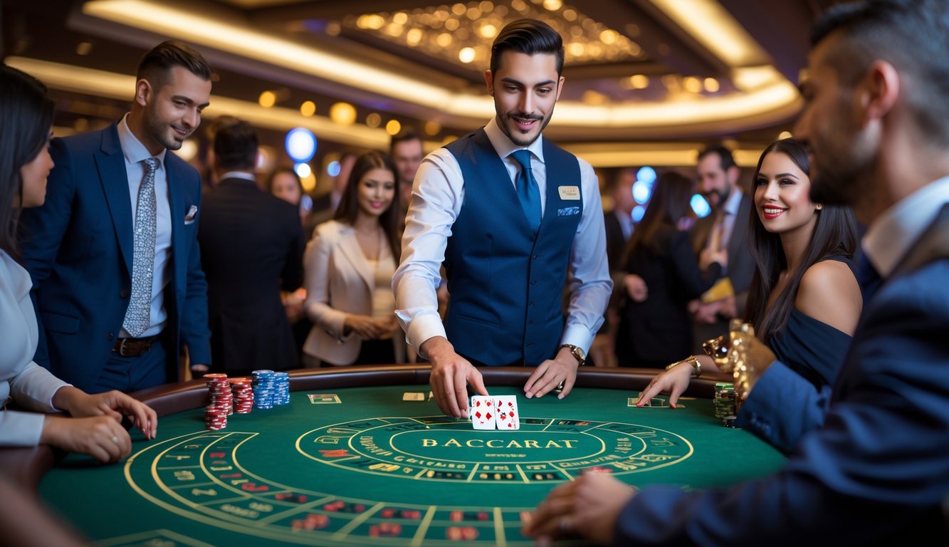 Seorang dealer berjubah formal membagikan kartu di meja baccarat hijau dengan beberapa pemain yang fokus dan bersemangat di sekitarnya di dalam kasino yang ramai.