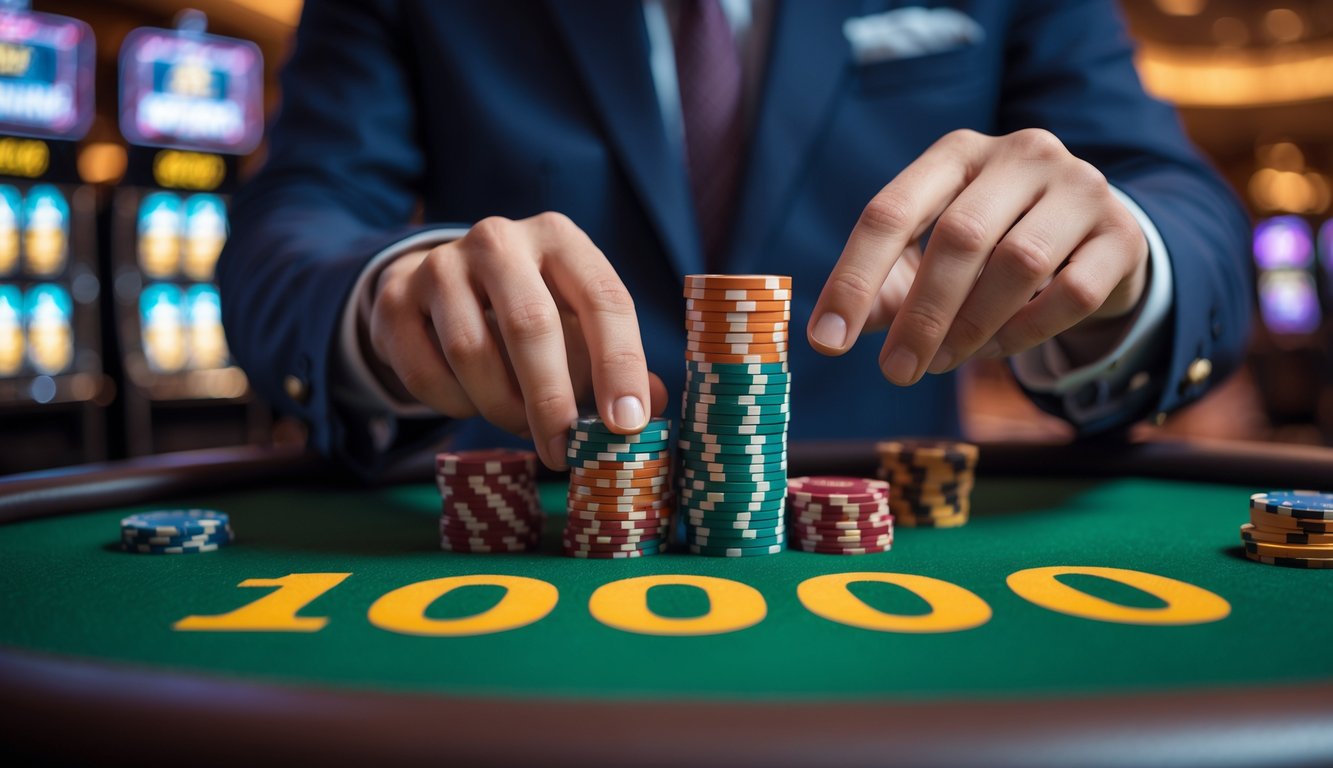 Tangan seseorang memegang tumpukan chip kasino di atas meja hijau di dalam kasino mewah di Macau.