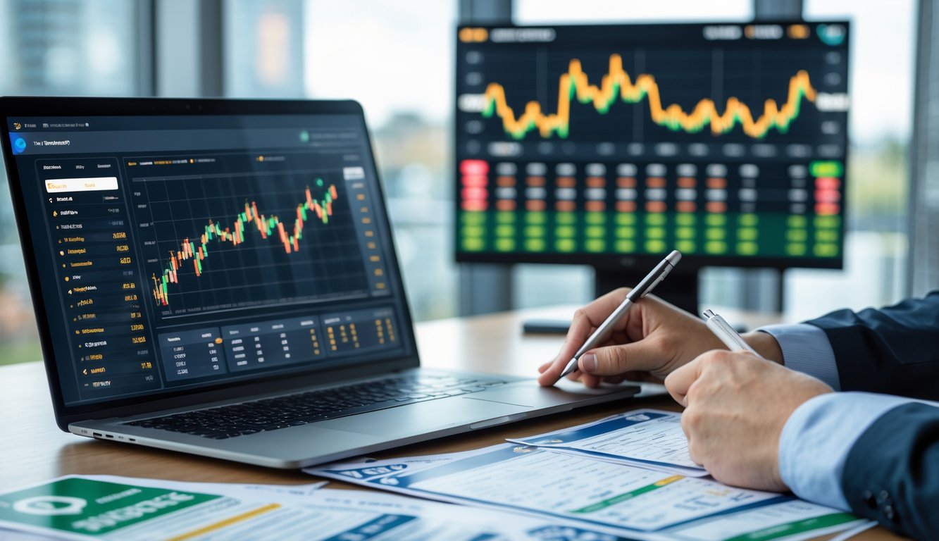 Seseorang menganalisis data prediksi pertandingan sepak bola di meja kerja dengan laptop dan dokumen.