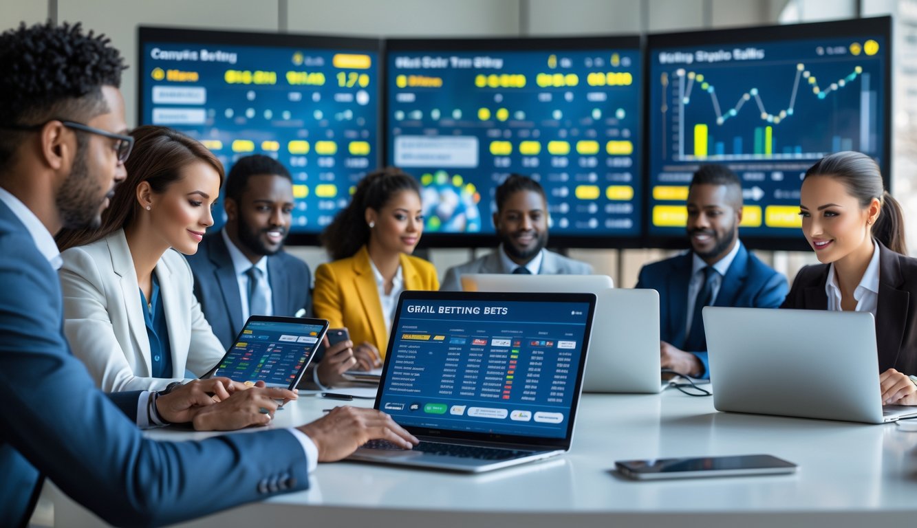 Sejumlah profesional sedang bekerja dengan perangkat digital di kantor modern yang menampilkan layar besar dengan data dan statistik olahraga.
