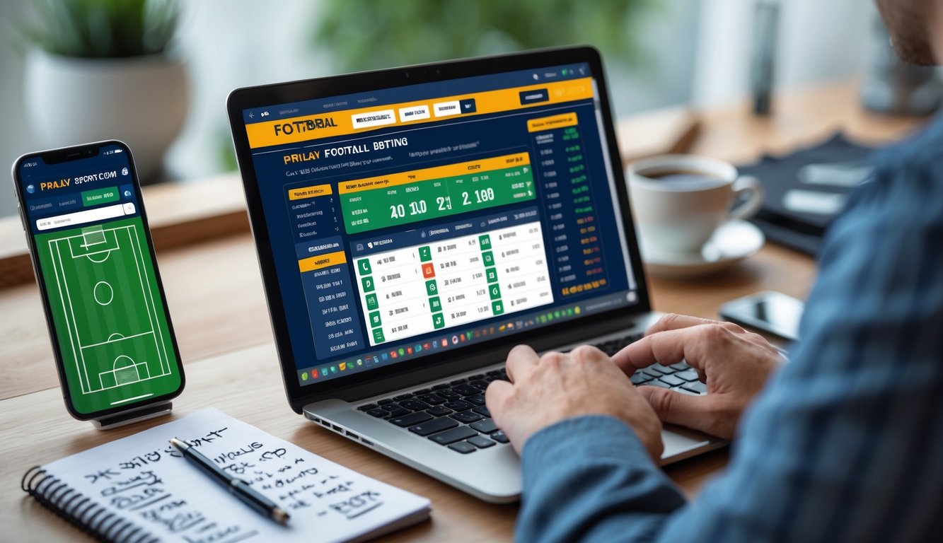 Seseorang menggunakan laptop untuk memasang taruhan parlay bola online di sebuah meja kerja dengan smartphone, catatan, dan secangkir kopi.