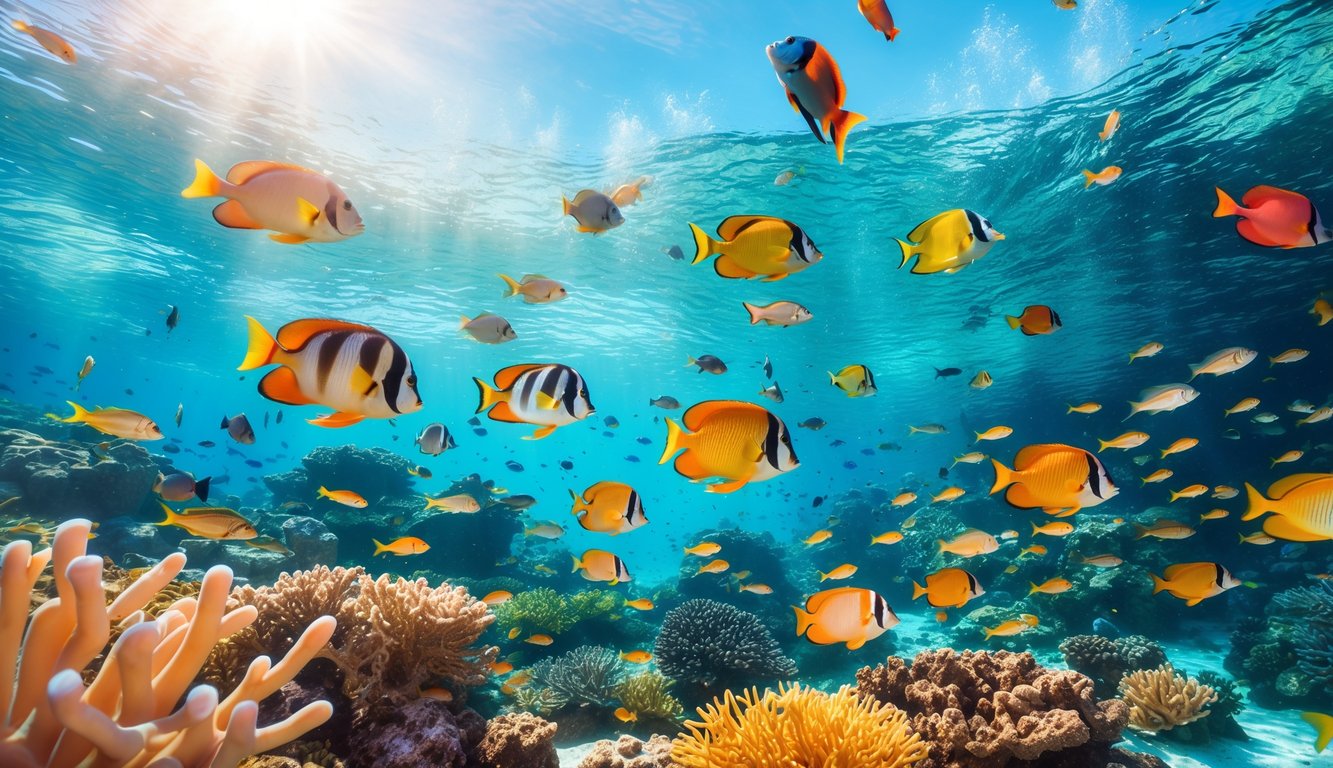 Pemandangan bawah laut yang penuh ikan tropis berwarna-warni berenang di antara terumbu karang yang indah.