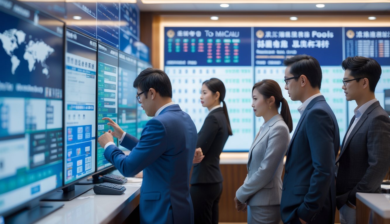 Orang-orang di dalam ruangan modern sedang melihat layar digital yang menampilkan data angka dan grafik terkait Toto Macau Pools.