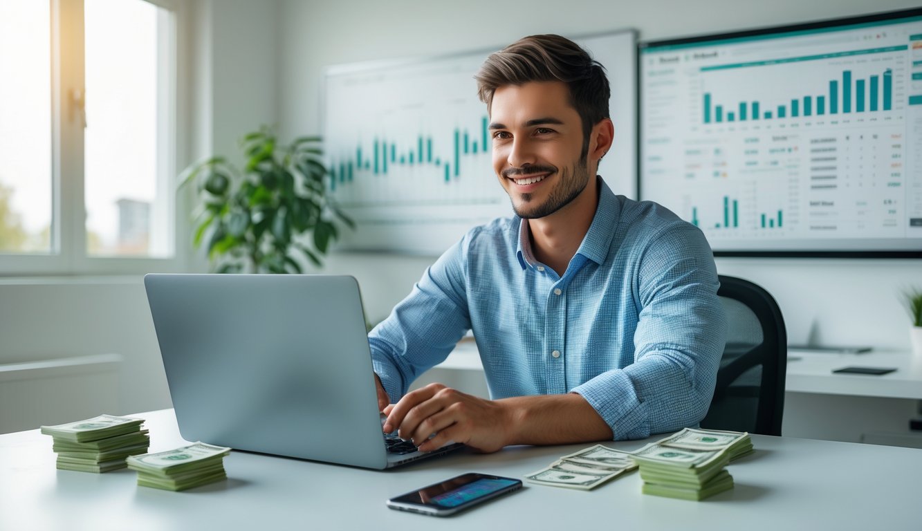 Seorang pria muda duduk di meja dengan laptop dan tumpukan uang kecil, menganalisis data taruhan olahraga dengan ekspresi percaya diri.