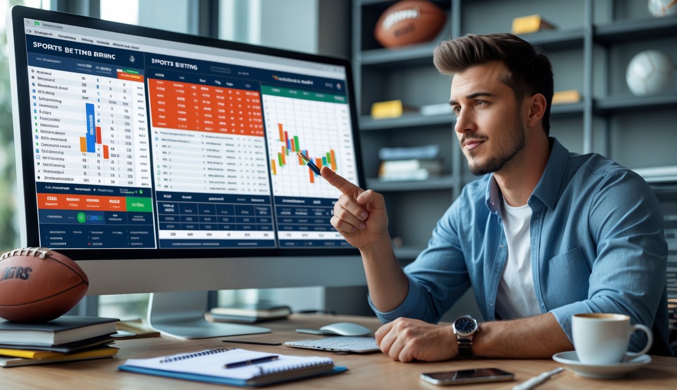 Seorang pria muda duduk di meja kantor modern sambil menganalisis grafik dan statistik taruhan olahraga di layar komputer.