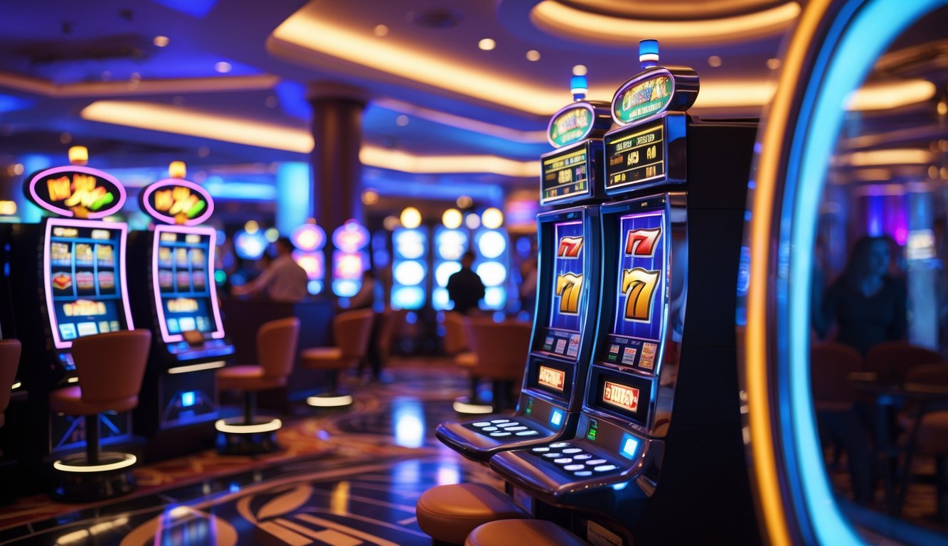 Area mesin slot di kasino dengan mesin slot menyala dan suasana ramai di latar belakang.