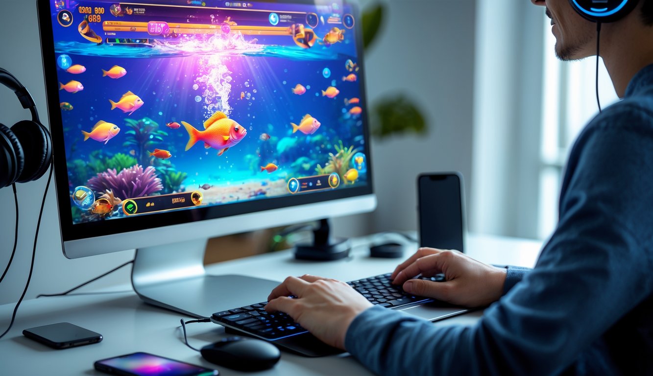 Seseorang sedang bermain game tembak ikan online dengan uang asli di depan komputer di ruang kerja yang rapi.