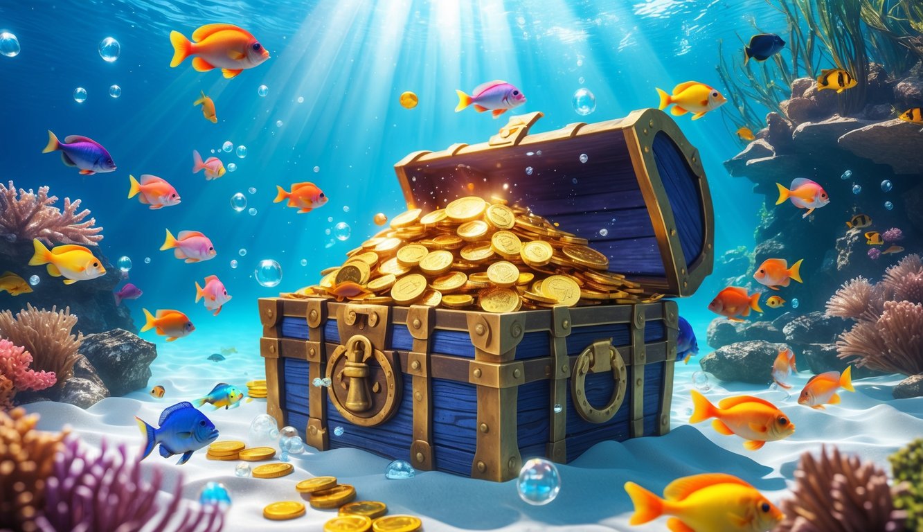 Pemandangan bawah laut dengan ikan berwarna-warni berenang di sekitar peti harta karun besar yang penuh dengan koin emas dan permata.