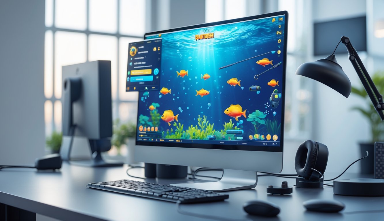Sebuah komputer desktop menampilkan permainan menembak ikan dengan grafis bawah laut berwarna-warni di ruang kantor yang terang dan rapi.