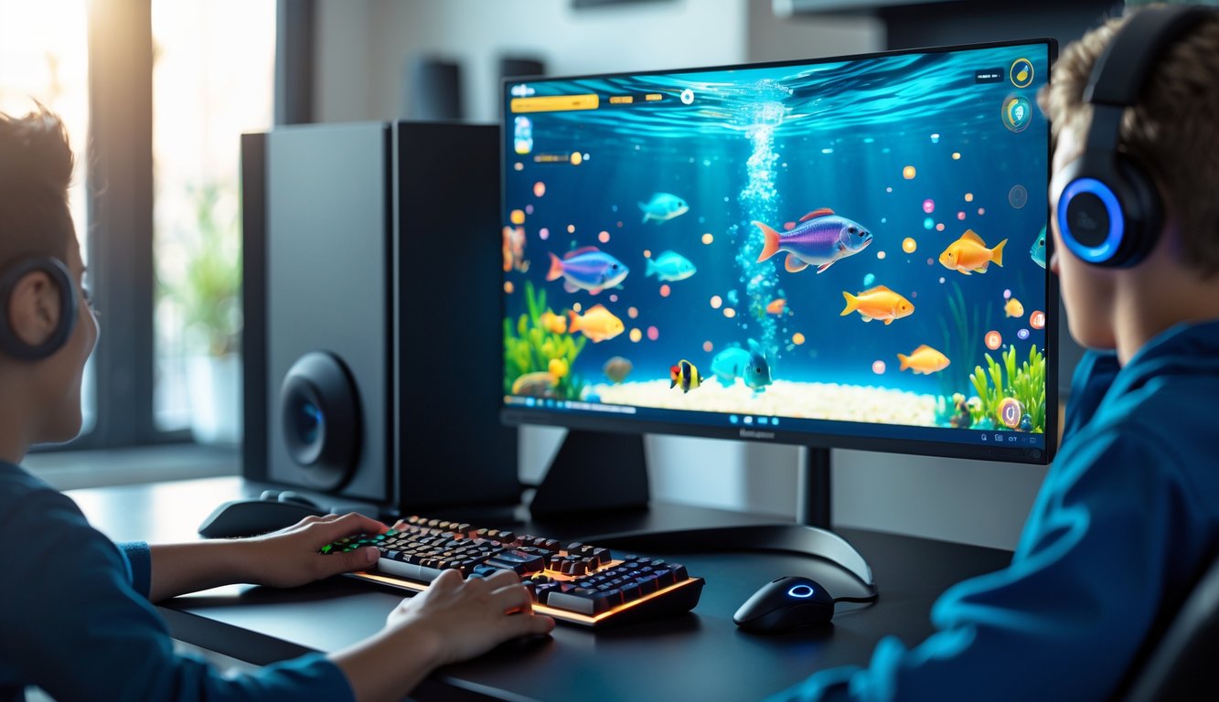Seorang pemain sedang bermain game menembak ikan online di depan komputer dengan layar menampilkan ikan berwarna-warni di bawah air.