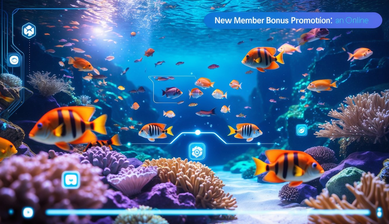 Pemandangan bawah laut dengan terumbu karang berwarna-warni dan ikan tropis berenang di sekitar, menampilkan suasana permainan tembak ikan daring.