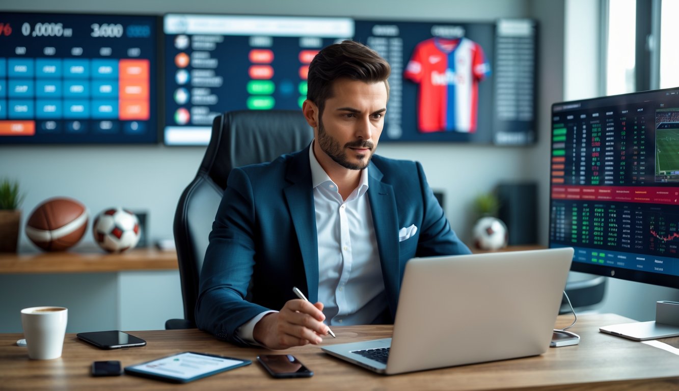 Seorang pria duduk di meja dengan beberapa layar yang menampilkan statistik pertandingan sepak bola dan peluang taruhan, sedang menganalisis data dengan serius.