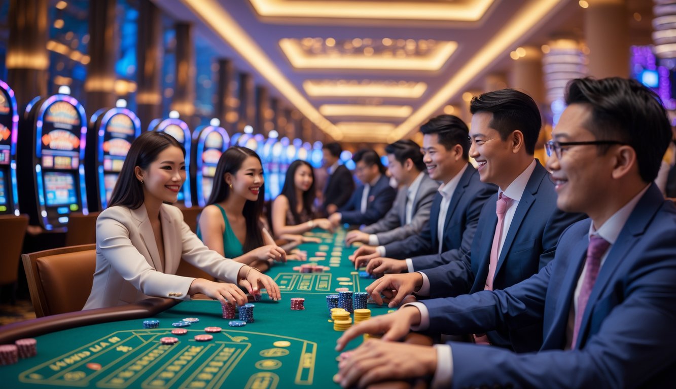Suasana kasino modern di Macau dengan orang-orang bermain di meja judi dan mesin slot, latar belakang menampilkan arsitektur khas Macau.