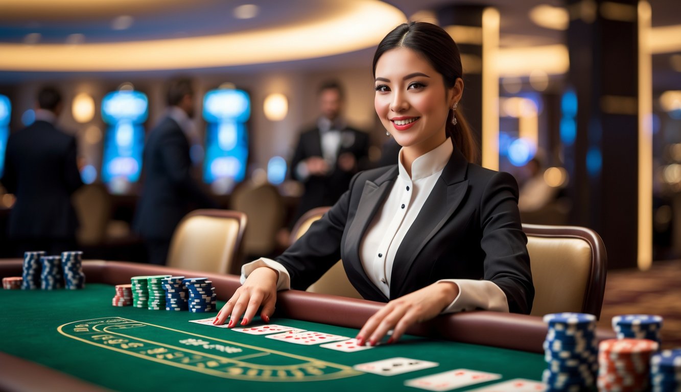 Seorang dealer wanita sedang mengelola permainan Baccarat langsung di meja kasino dengan kartu dan chip tertata rapi.