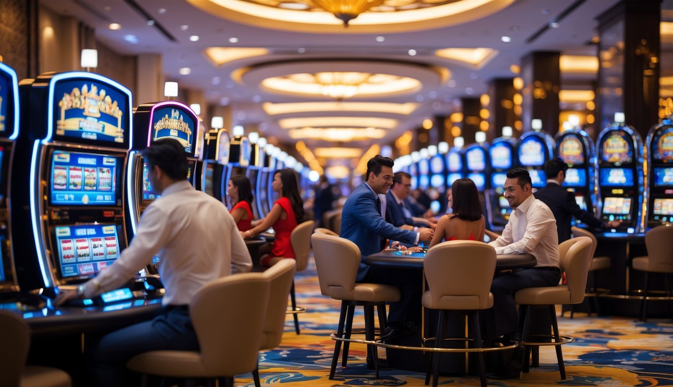 Suasana kasino mewah dengan mesin slot dan meja permainan, orang-orang berpakaian rapi sedang bermain dengan ekspresi antusias.