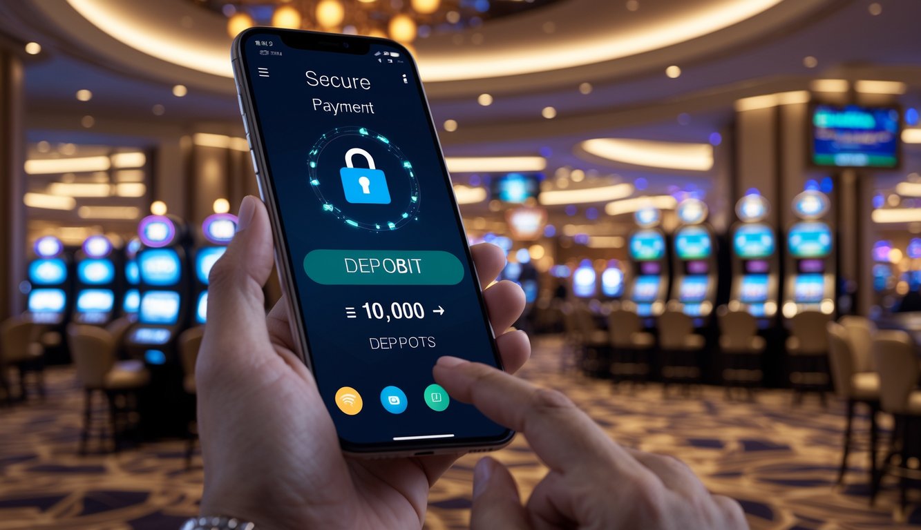 Seseorang memegang ponsel yang menampilkan transaksi pembayaran di dalam kasino mewah di Macau.