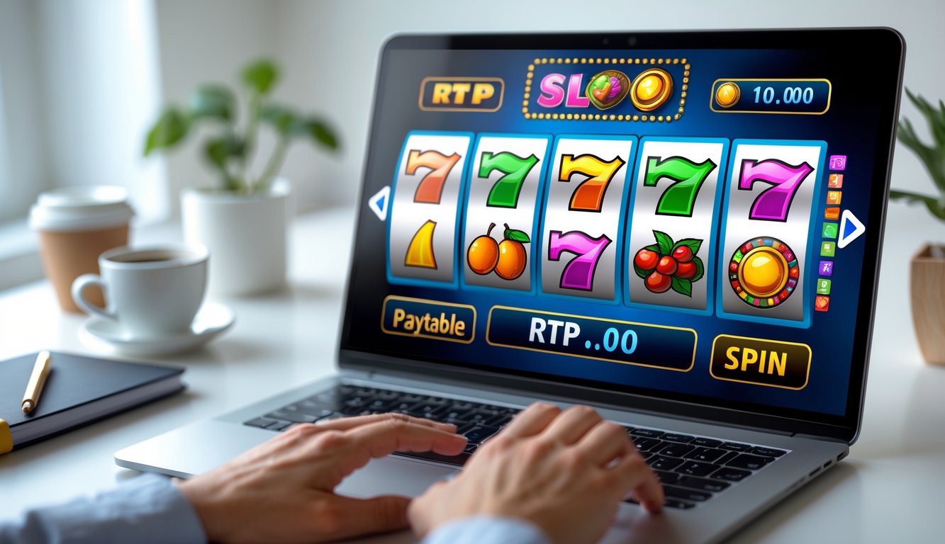 Layar laptop menampilkan permainan slot online dengan simbol warna-warni dan tangan seseorang siap menekan tombol putar di meja kerja yang rapi.