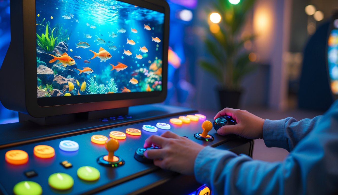 Seseorang sedang bermain permainan tembak ikan di konsol game dengan layar berwarna cerah dan tombol yang menyala.