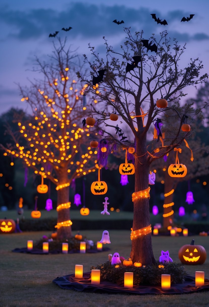 21 Halloween Tree Ideas 2025: Creative Ways to Decorate Your Spooky Tree 2 A group of trees decorated with Halloween ornaments like pumpkins, spider webs, and glowing lights in an outdoor garden at twilight.