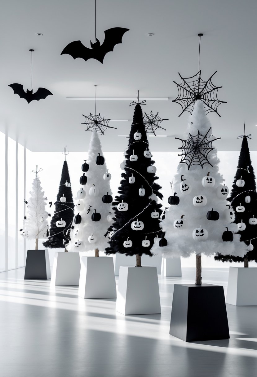 21 Halloween Tree Ideas 2025: Creative Ways to Decorate Your Spooky Tree 3 A collection of 21 black and white decorated Halloween trees arranged indoors with various spooky ornaments.