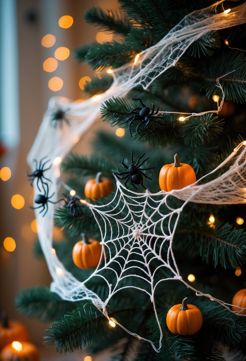 21 Halloween Tree Ideas 2025: Creative Ways to Decorate Your Spooky Tree 4 A Halloween tree decorated with spider web garland, small black spiders, orange pumpkins, and warm white lights.