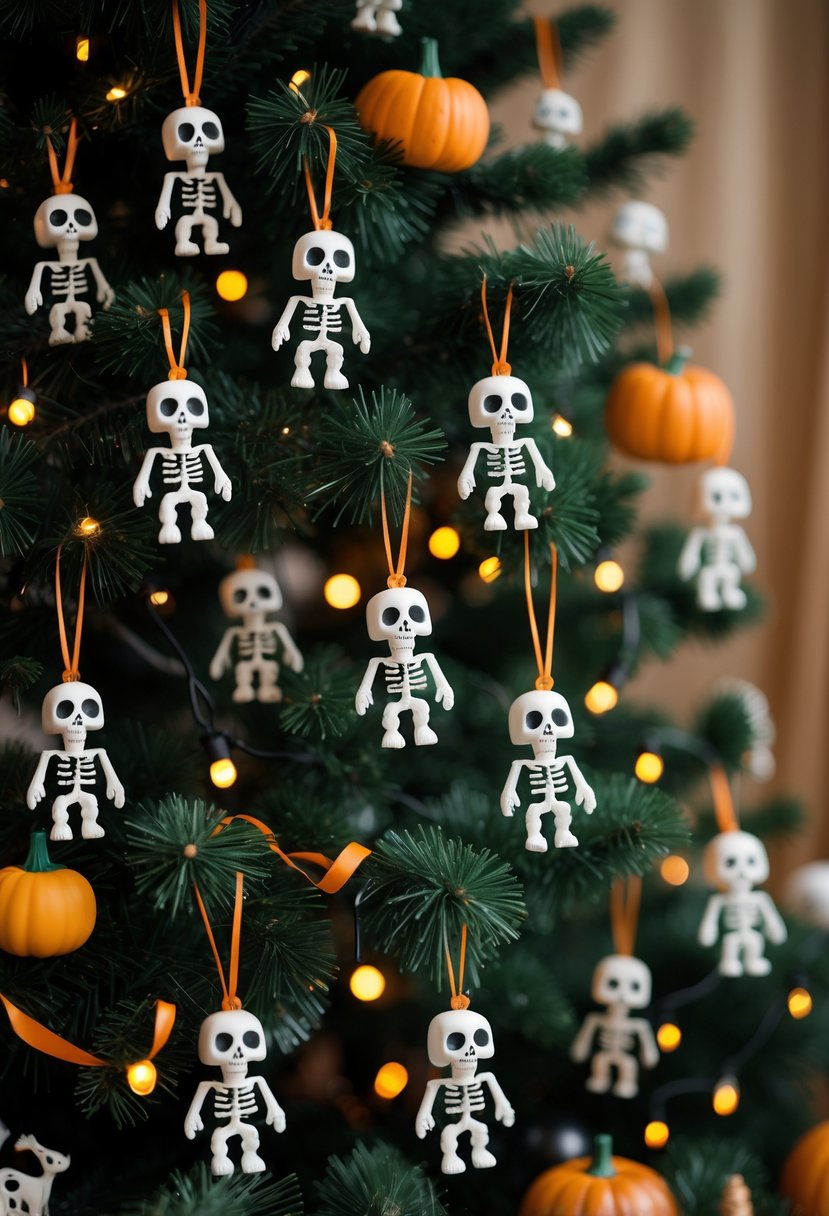 21 Halloween Tree Ideas 2025: Creative Ways to Decorate Your Spooky Tree 5 A Halloween tree decorated with mini skeleton ornaments, small pumpkins, ribbons, and warm string lights.
