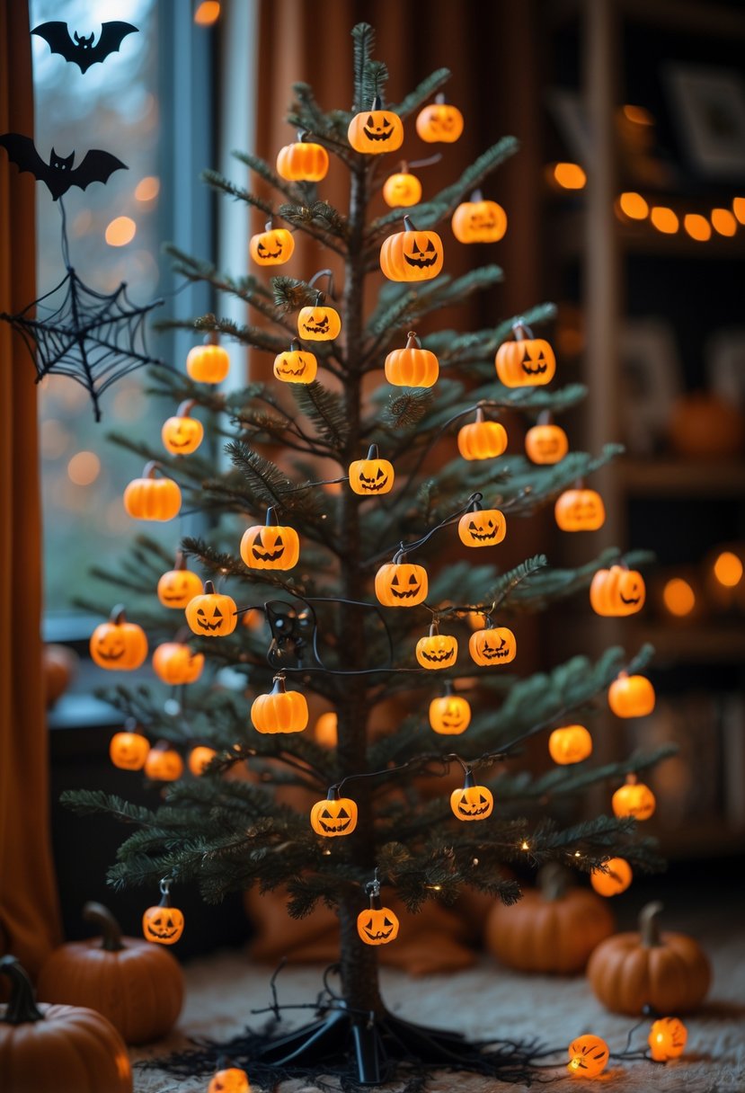 21 Halloween Tree Ideas 2025: Creative Ways to Decorate Your Spooky Tree 6 A decorated Halloween tree with glowing pumpkin-shaped lights and small spooky ornaments in a warm autumn setting.