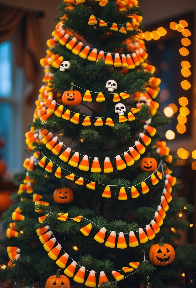 21 Halloween Tree Ideas 2025: Creative Ways to Decorate Your Spooky Tree 7 A Halloween tree decorated with candy corn garlands and small Halloween ornaments indoors.