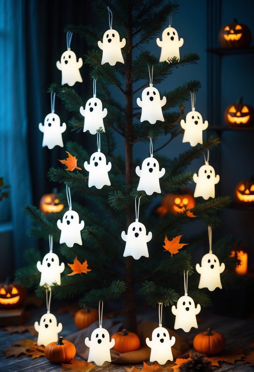 21 Halloween Tree Ideas 2025: Creative Ways to Decorate Your Spooky Tree 9 A decorated Halloween tree with glowing ghost ornaments hanging from its branches and small pumpkins at the base.