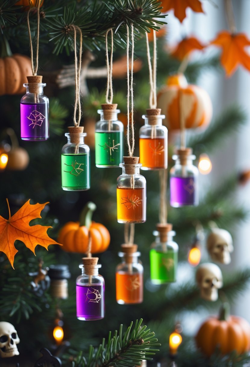 21 Halloween Tree Ideas 2025: Creative Ways to Decorate Your Spooky Tree 10 A Halloween tree decorated with colorful DIY potion bottle ornaments, pumpkins, and autumn leaves.