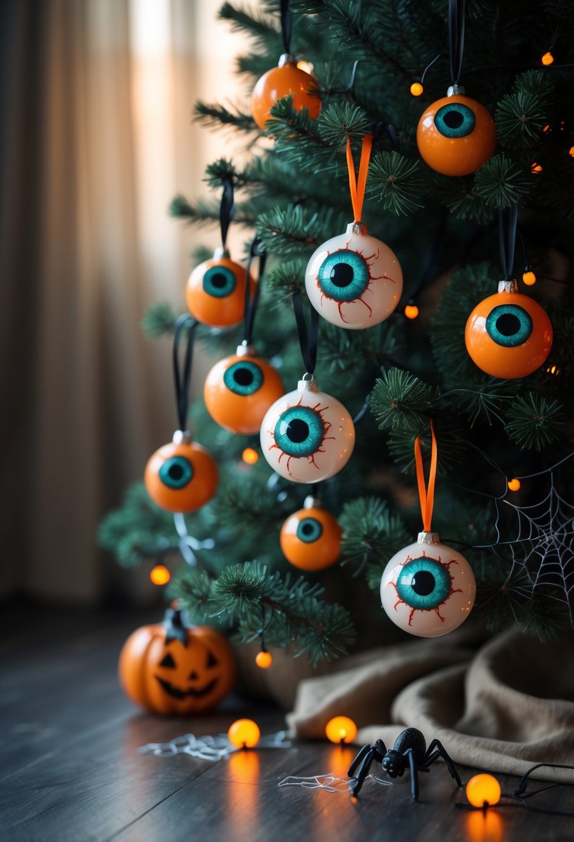 21 Halloween Tree Ideas 2025: Creative Ways to Decorate Your Spooky Tree 11 A decorated Halloween tree with creepy eyeball ornaments, spider web accents, and glowing orange lights in a dimly lit room.