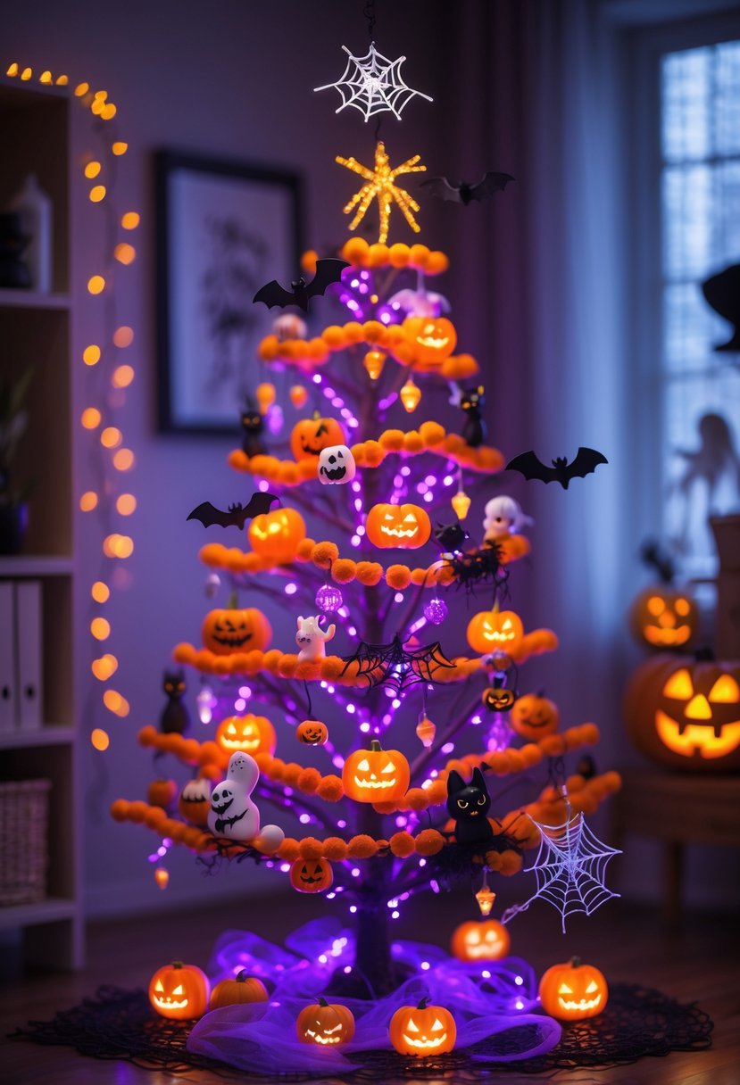 21 Halloween Tree Ideas 2025: Creative Ways to Decorate Your Spooky Tree 13 A Halloween tree decorated with orange and purple LED lights and various Halloween ornaments like pumpkins, bats, and spider webs.