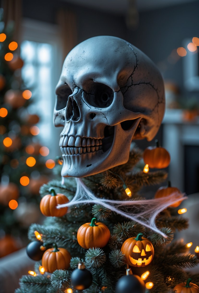 21 Halloween Tree Ideas 2025: Creative Ways to Decorate Your Spooky Tree 14 A Halloween tree topped with a realistic skull, decorated with pumpkins, cobwebs, and orange lights in a cozy indoor setting.