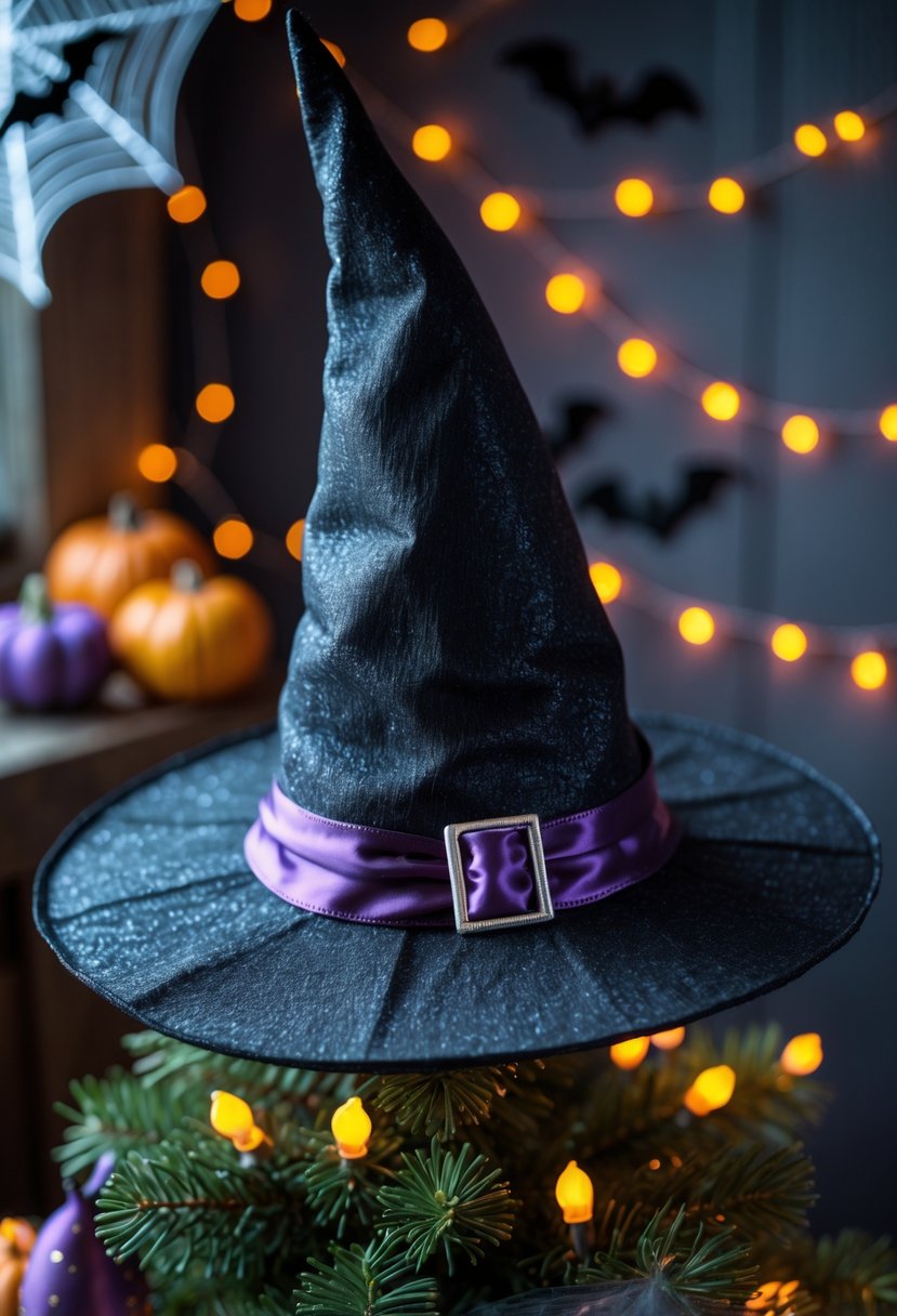21 Halloween Tree Ideas 2025: Creative Ways to Decorate Your Spooky Tree 15 A Christmas tree topped with a black witch hat surrounded by Halloween decorations and glowing lights.