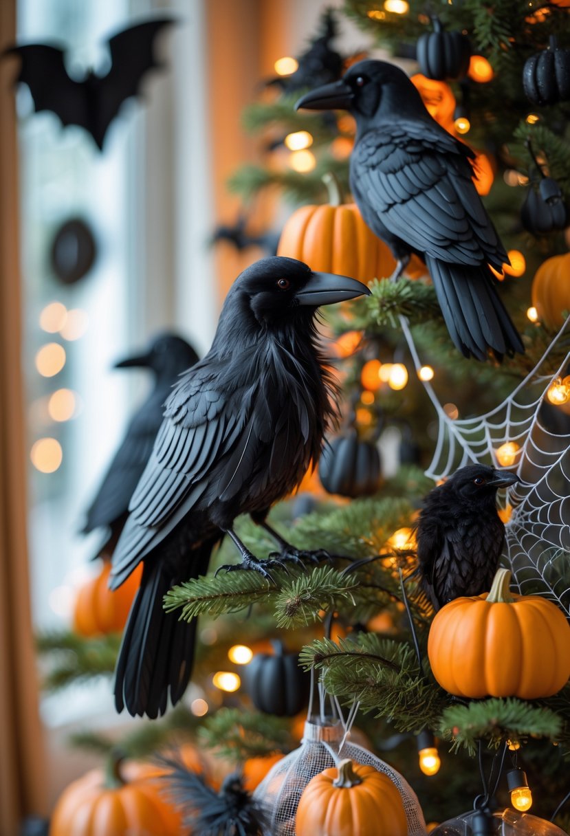 21 Halloween Tree Ideas 2025: Creative Ways to Decorate Your Spooky Tree 17 A Halloween tree decorated with black feather crow ornaments, pumpkins, spider webs, and fairy lights indoors.