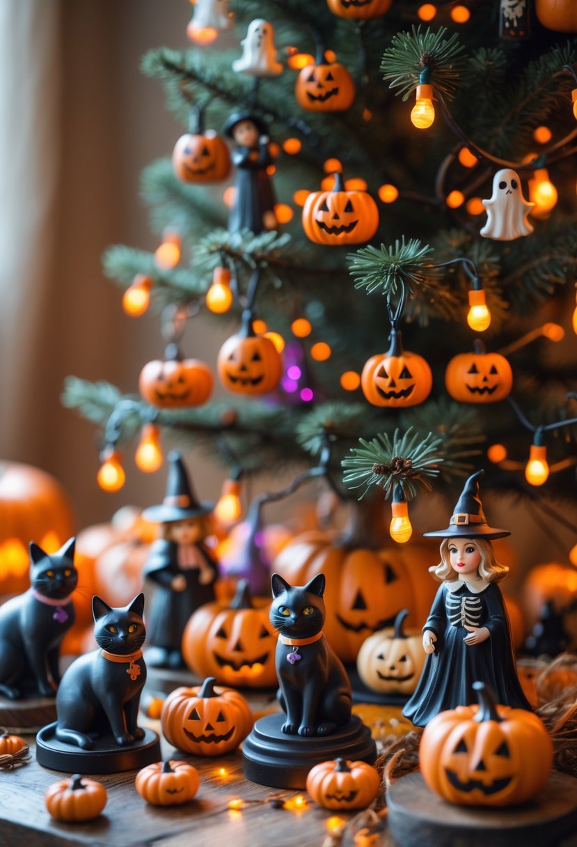 21 Halloween Tree Ideas 2025: Creative Ways to Decorate Your Spooky Tree 18 A collection of vintage Halloween figurines displayed around a decorated Halloween tree with small ornaments and lights.
