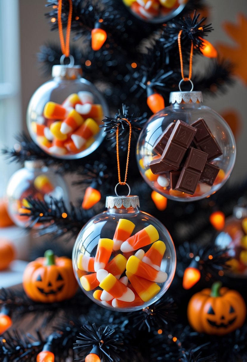 21 Halloween Tree Ideas 2025: Creative Ways to Decorate Your Spooky Tree 19 A small Halloween tree decorated with transparent ornaments filled with colorful candies, surrounded by autumn decorations and soft orange lights.