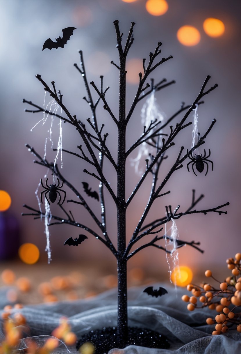 21 Halloween Tree Ideas 2025: Creative Ways to Decorate Your Spooky Tree 20 Close-up of a glittery black branch spray decorated with small Halloween-themed accents against a warm autumn background.