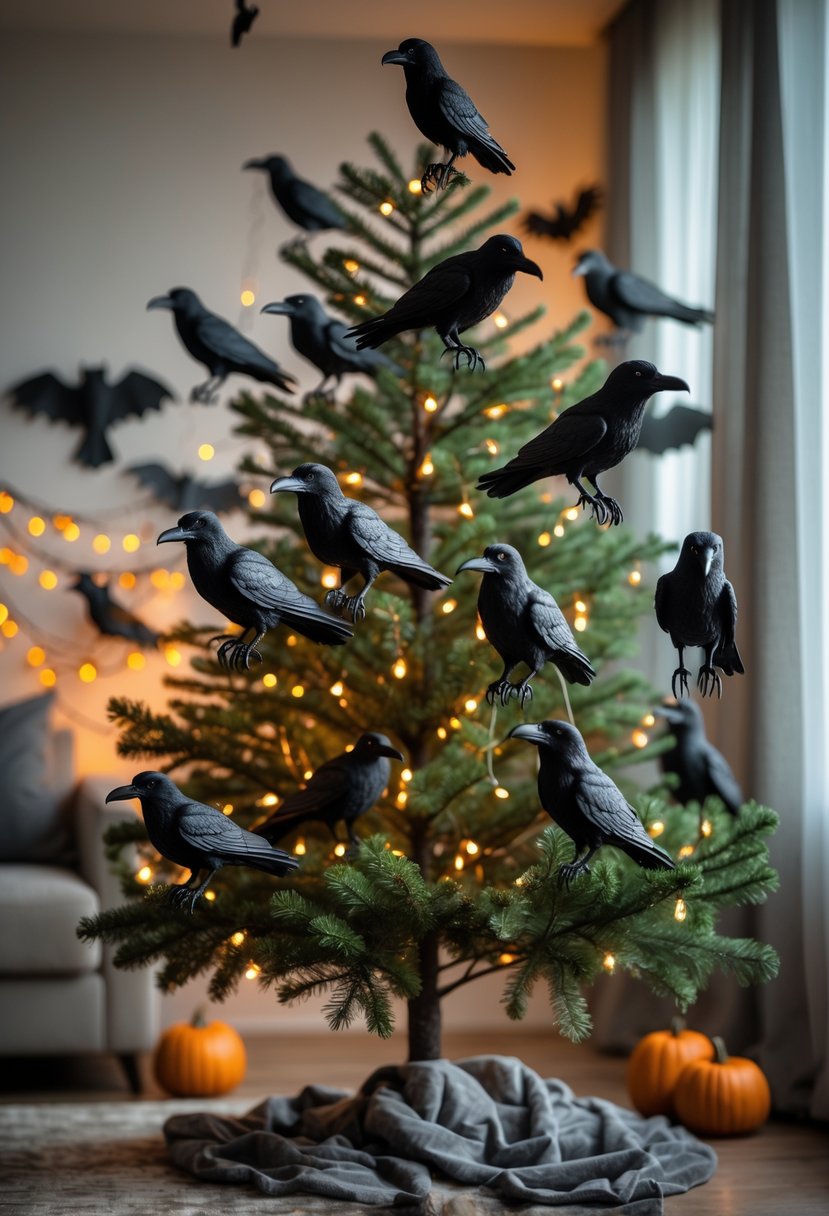 21 Halloween Tree Ideas 2025: Creative Ways to Decorate Your Spooky Tree 21 An indoor tree decorated with hanging black raven ornaments and subtle Halloween decorations in a cozy living room.