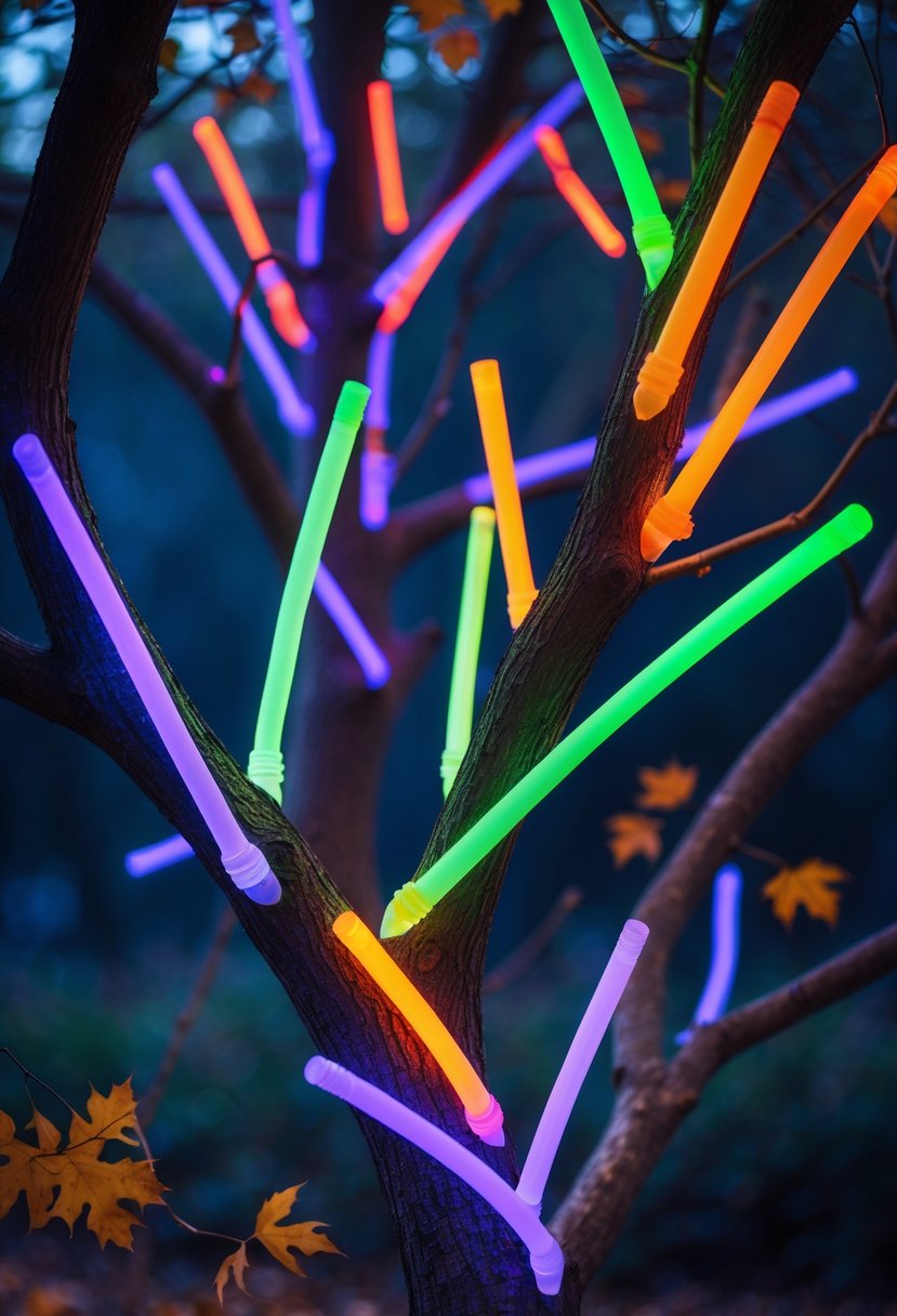 21 Halloween Tree Ideas 2025: Creative Ways to Decorate Your Spooky Tree 22 Tree branches wrapped with colorful glowing glow sticks against a dark background.