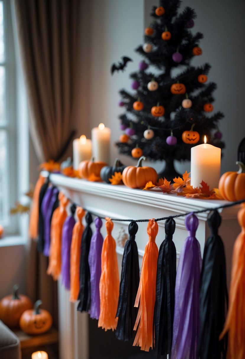 21 Halloween Tree Ideas 2025: Creative Ways to Decorate Your Spooky Tree 23 A Halloween tassel garland in orange, black, and purple draped indoors with pumpkins, autumn leaves, candles, and a decorated Halloween tree in the background.
