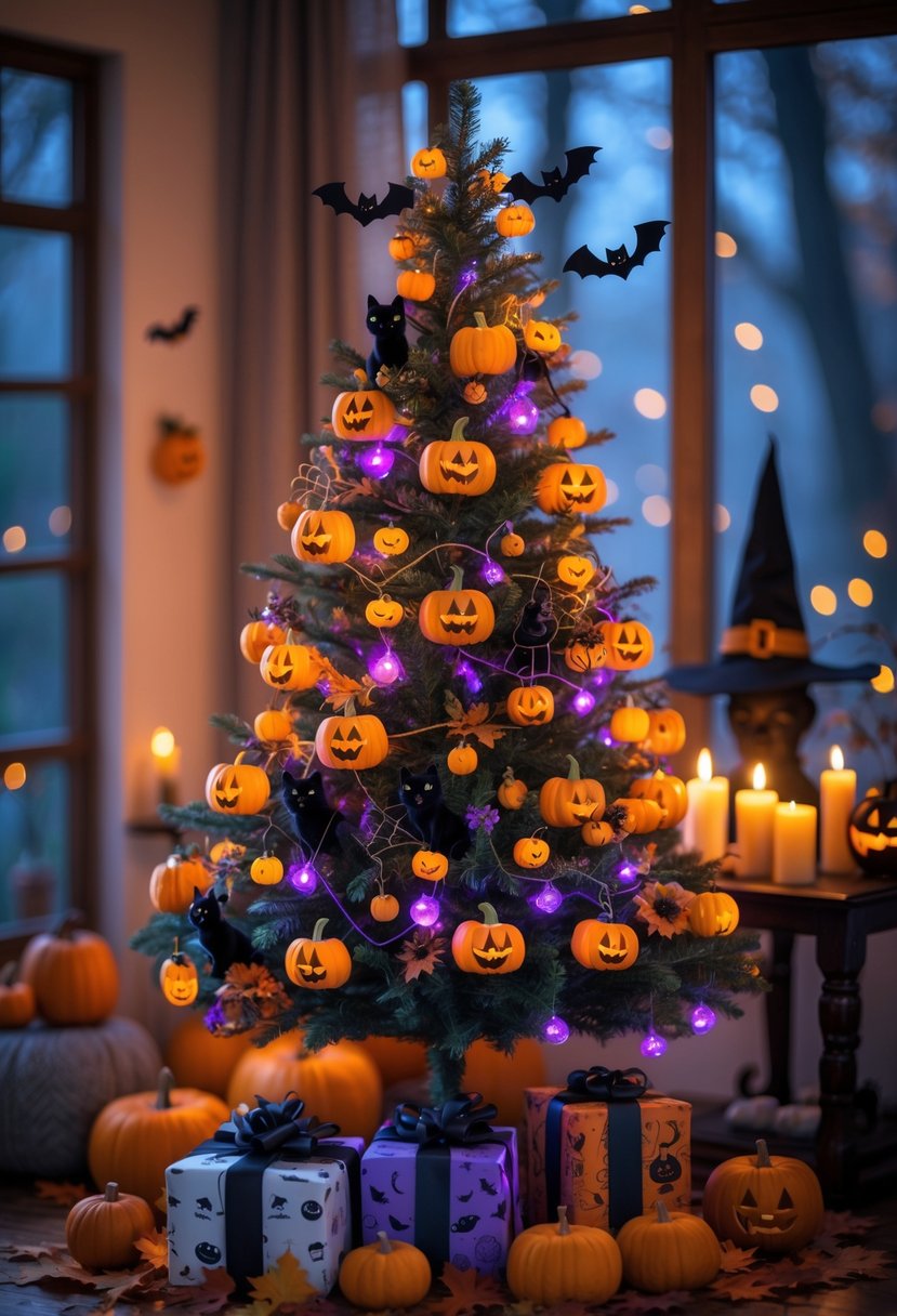 21 Halloween Tree Ideas 2025: Creative Ways to Decorate Your Spooky Tree 24 A decorated Halloween tree with pumpkins, bats, and lights in a cozy indoor setting with autumn decorations.