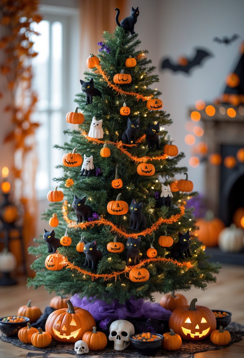 21 Halloween Tree Ideas 2025: Creative Ways to Decorate Your Spooky Tree 25 A decorated Halloween tree with ornaments like pumpkins, bats, and ghosts, surrounded by Halloween decorations in a cozy indoor setting.