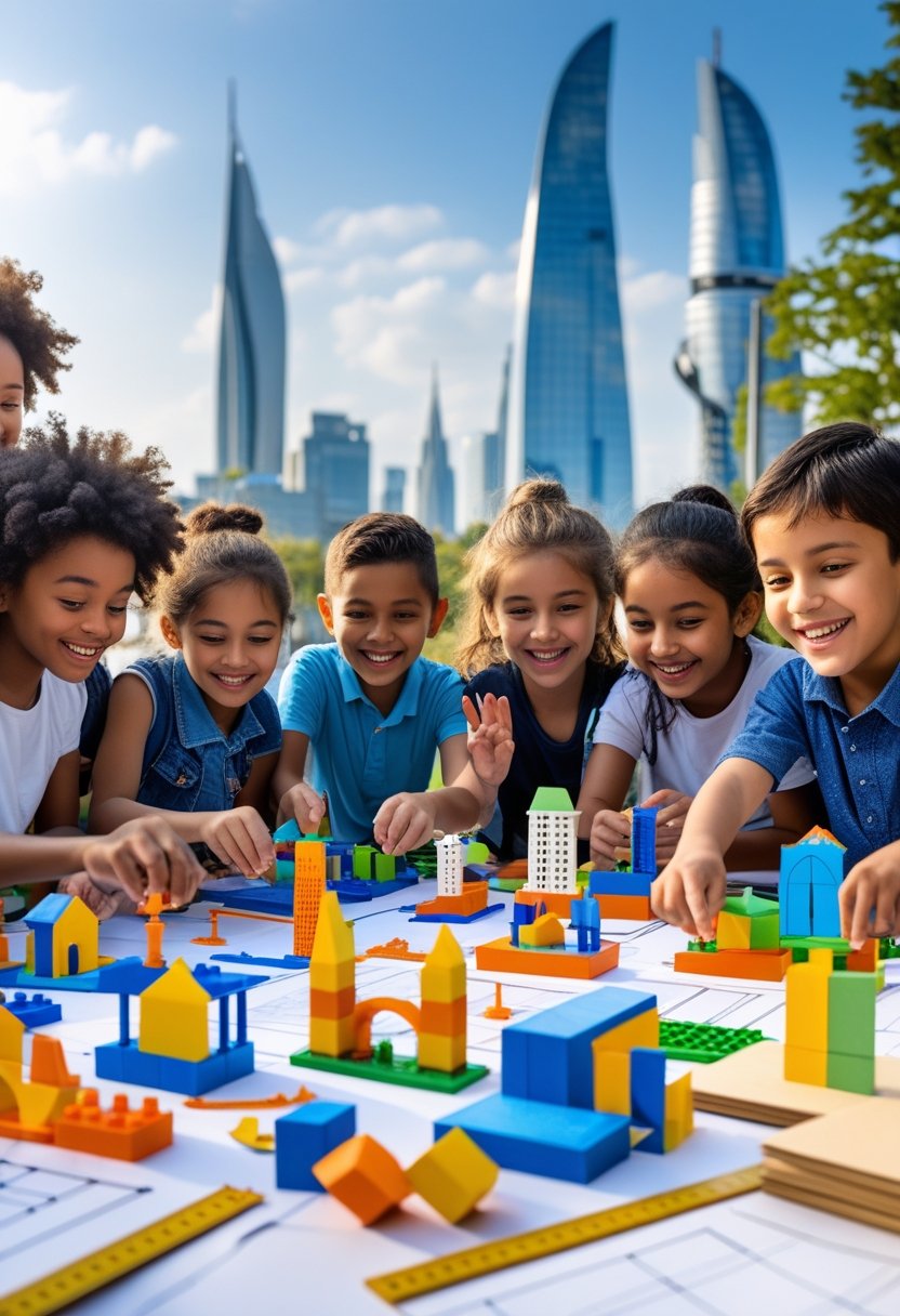 Children building miniature models of buildings together outdoors with a city skyline in the background.