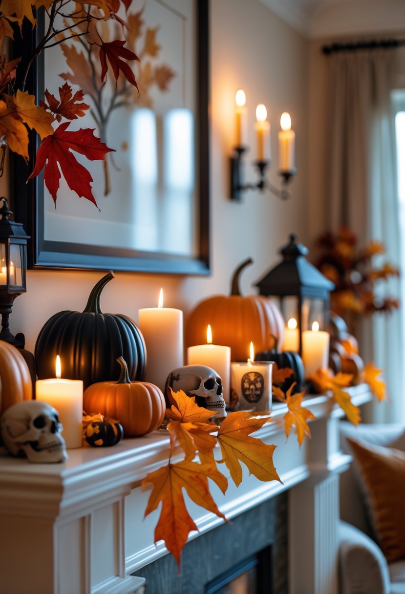 18 Halloween Mantle Ideas 2025: Stylish Decorations for a Festive Fireplace 2 A living room mantle decorated with pumpkins, candles, autumn leaves, spider webs, and skulls for Halloween.